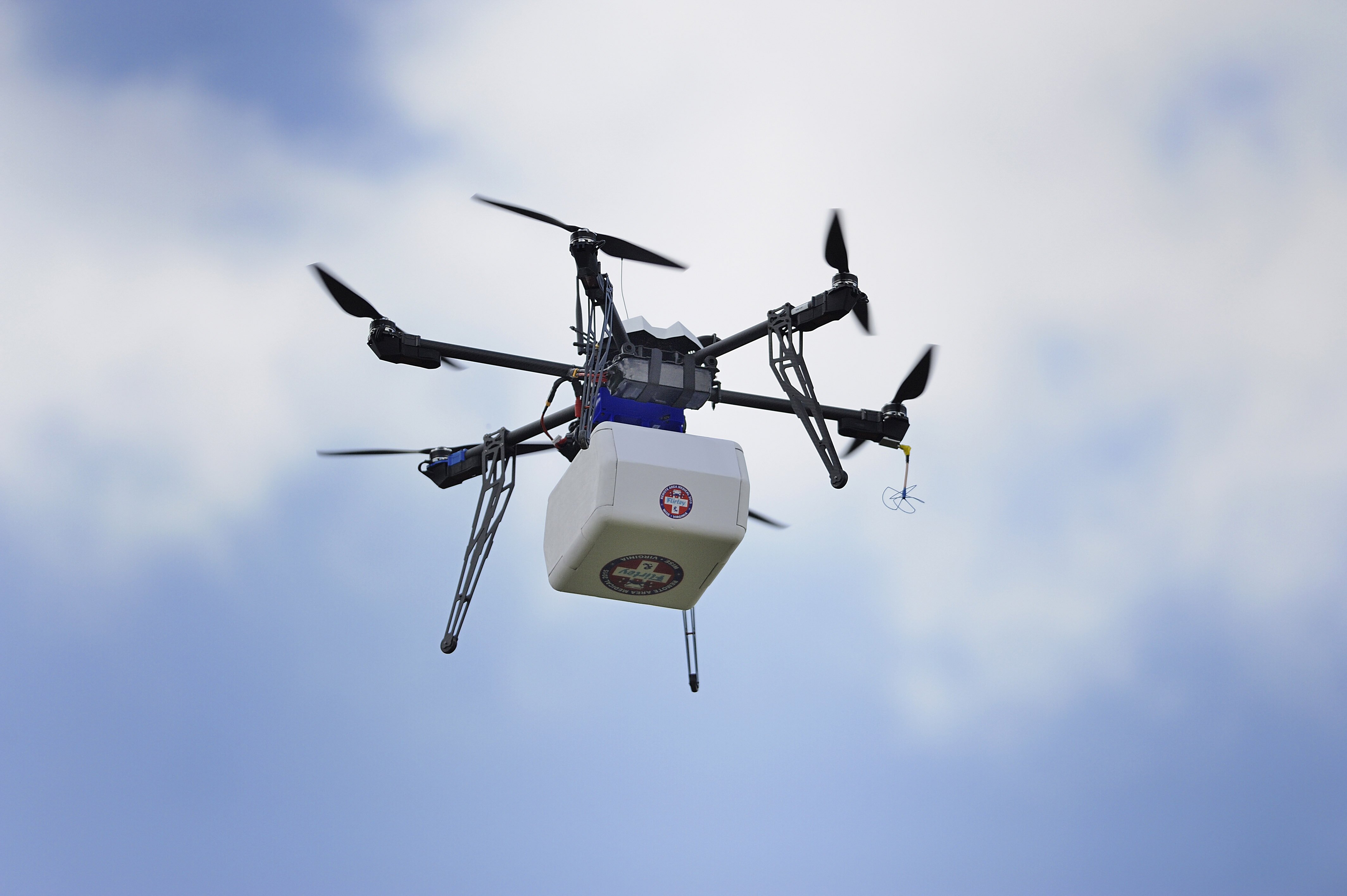 Flirtey drone carrying medical supplies to the Wise County Fairgrounds RAM Health Clinic.